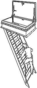 Illustration showing a man on a ladder below a hatch