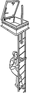 illustration showing a man climbing a ladder to a roof access hatch