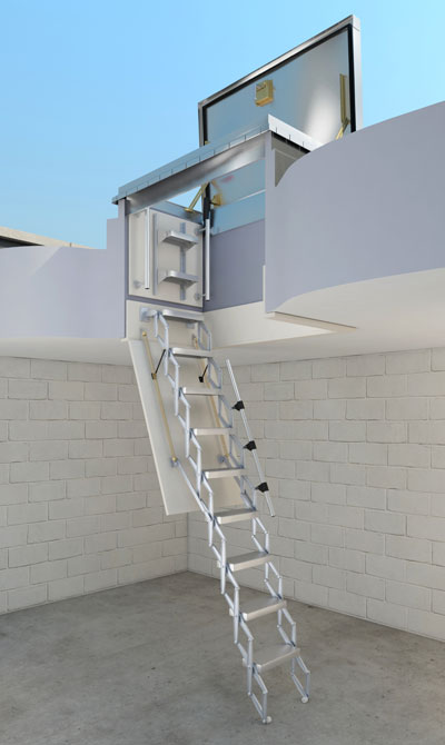 picture of the Bilco BL-ZBOX retractable ladder with trapdoor, ladder backboard and a roof access hatch