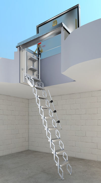 picture of the Bilco BL-Z retractable ladder in the open position (shown under a BILCO cs50-tb roof hatch)